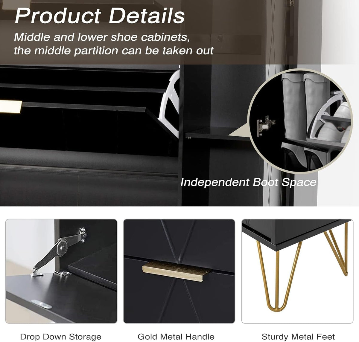 Schoenenkast – Schoenenrek – Schoenendisplay – Schoenopberger – Schoenenkast Zwart – Ruime Opbergruimte voor 16 Paar Schoenen – Scandinavisch Design met Zijvak voor Laarzen