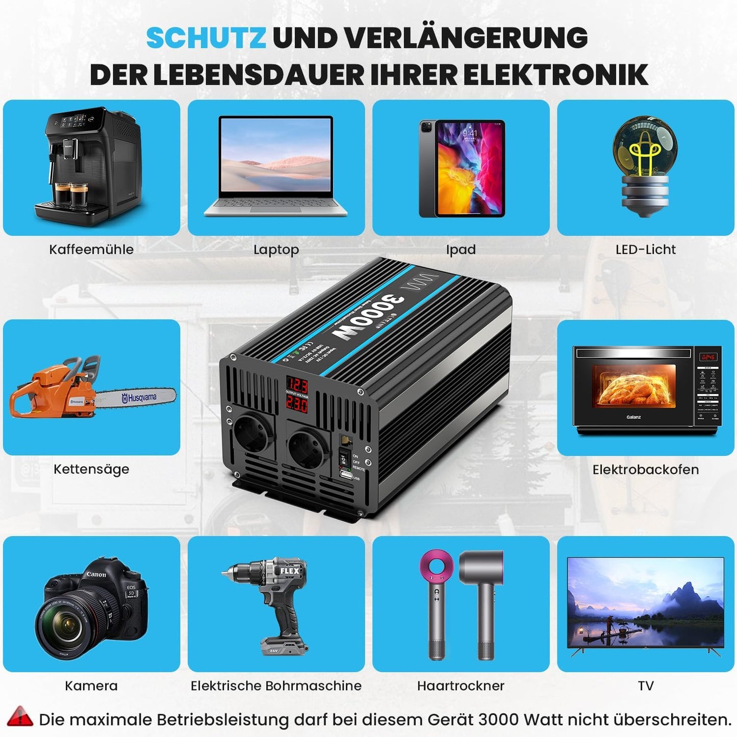 Omvormer 12V naar 230V zuivere sinus 3000W spanningsomvormer Omvormer met EU-aansluitingen en USB-poort -afstandsbediening en LED-display Voor camper, caravan, camping