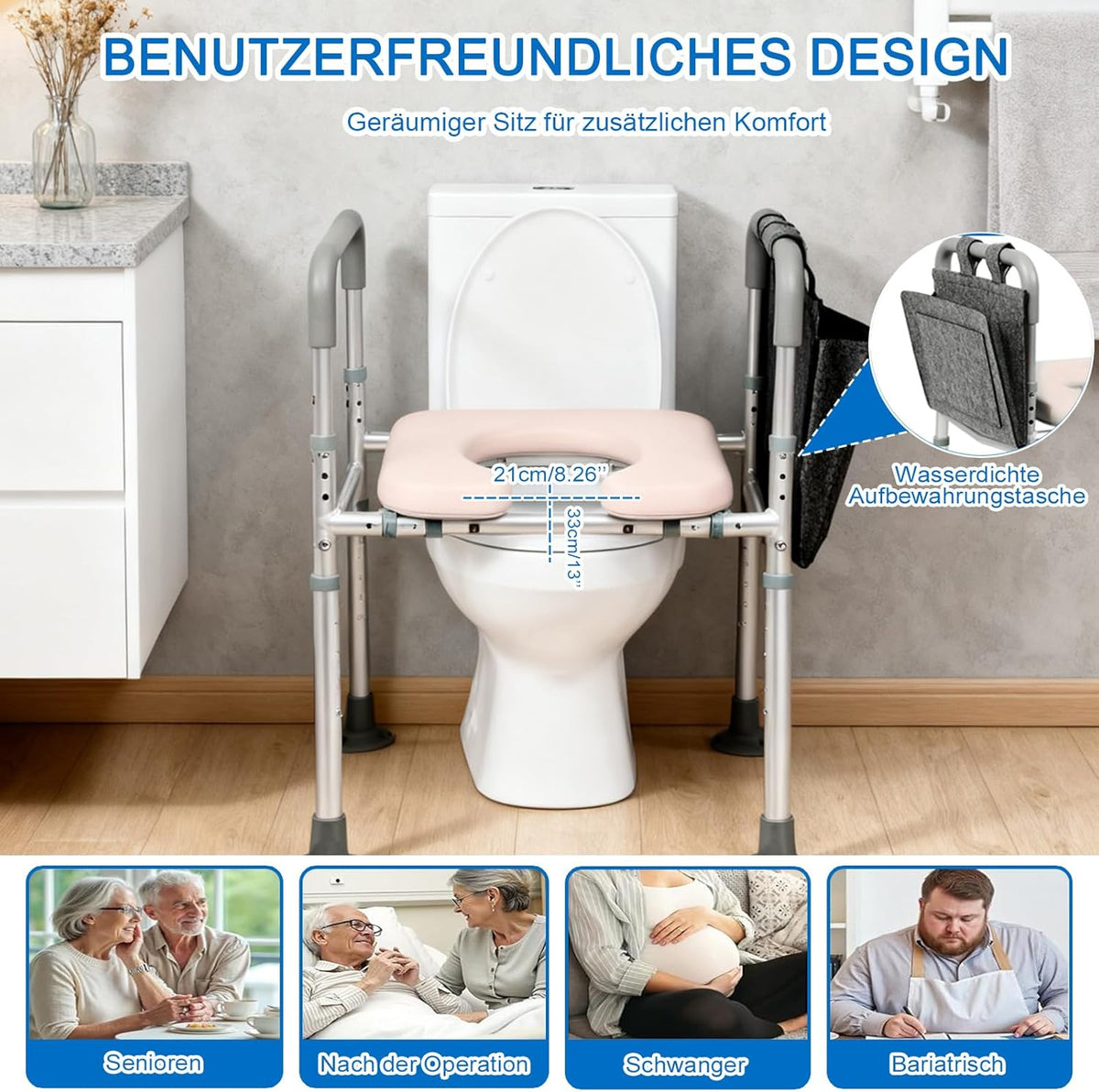 NJUN Toiletbrilverhoging met armleuningen, in hoogte verstelbaar, 66-84 cm, toiletbrilverhoger met gevoerde zitting en aluminium frame, wc-zitverhoging, toiletten, opstahulp voor senioren