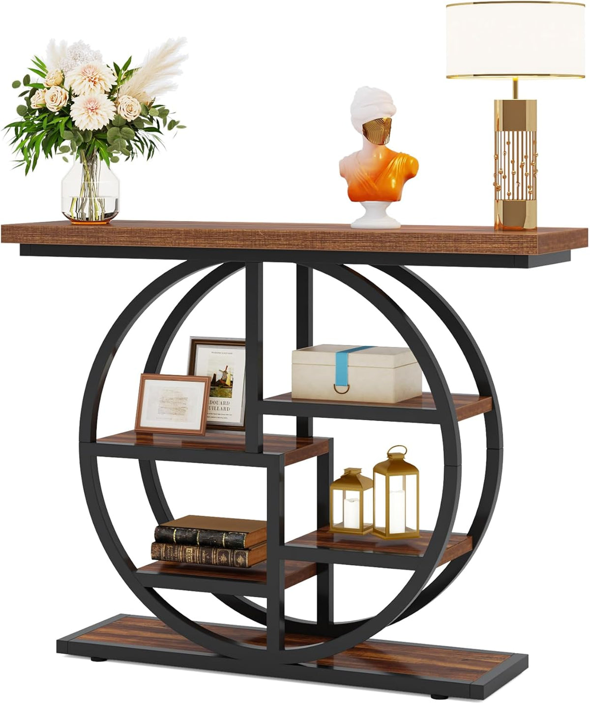 Tribesigns Console Table, 105cm Industrial 6 Tier Sofa Table, Entrance Table with Circle Base, Narrow Wooden Accent Tables with Storage Shelves for Living Room, Hallway, Foyer, Rustic Brown