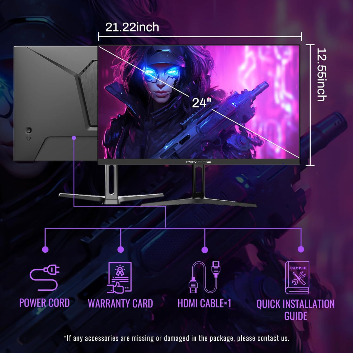 Minifire 24 inch gaming monitor, 180Hz, 1Ms, FreeSync, sRGB110% Computer Monitor, HDR, FHD 1080P, tiltable, HDMI & DP connections, Eye Care, VESA wall mount 75 * 75 (MFG24F4) - QUORE
