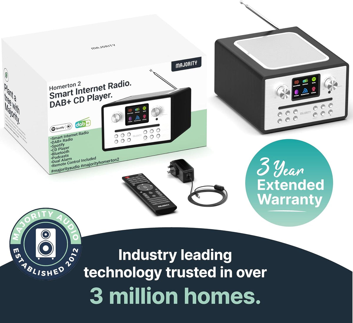 MAJORITY Homerton 2 Smart Internet, DAB, FM-radio en cd-speler, 40 radiovoorinstellingen, Bluetooth en universele plug-and-play, Spotify & Podcasts, USB-weergave, dubbel alarm (Black)