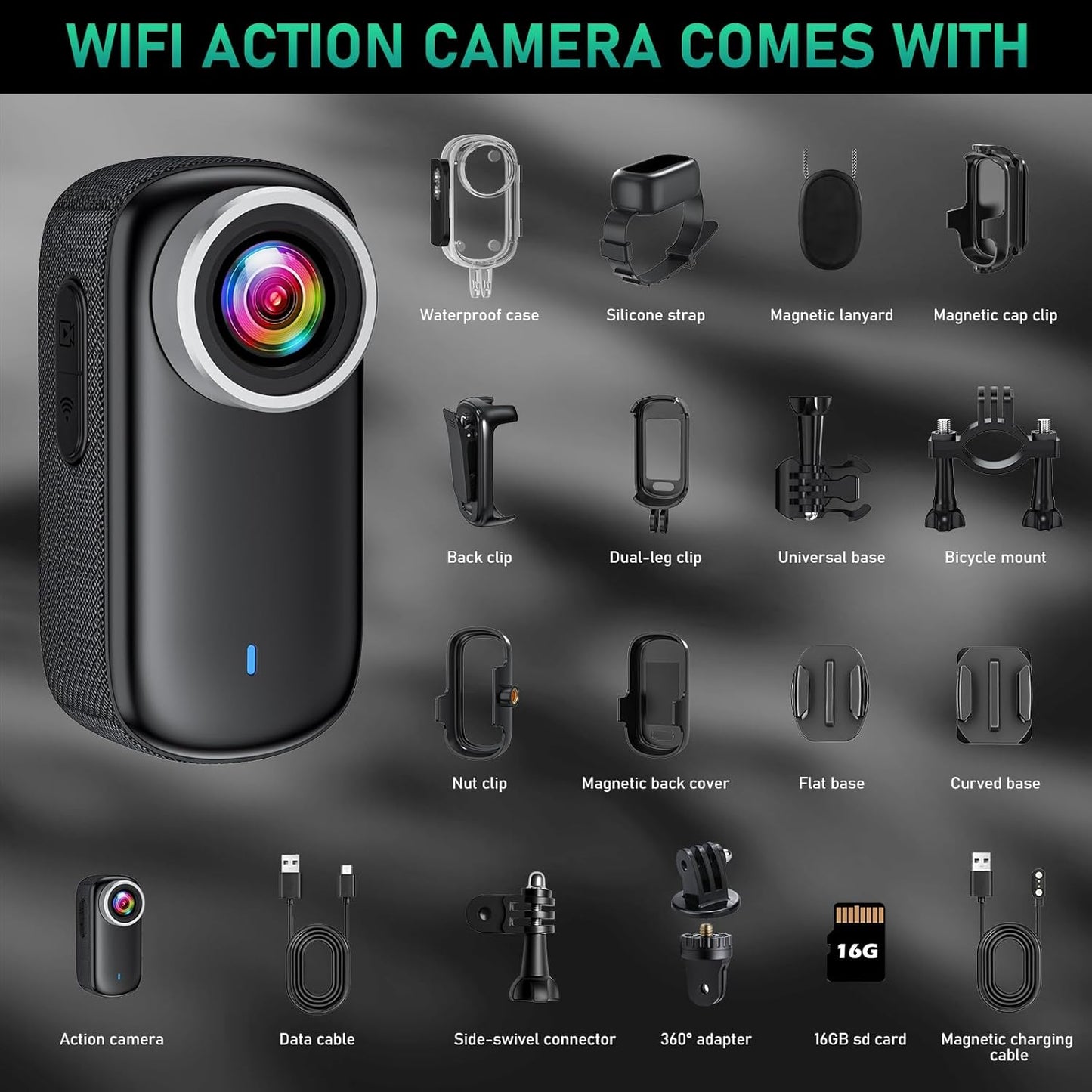 Actiecamera, wifi, 4K, waterdichte mini-actie-helmcamera, 150 graden wifi, sportactiecamera met 1,47 inch display, magnetische duim-lichaamscamera, kleine actiecamera voor motorfiets en fiets