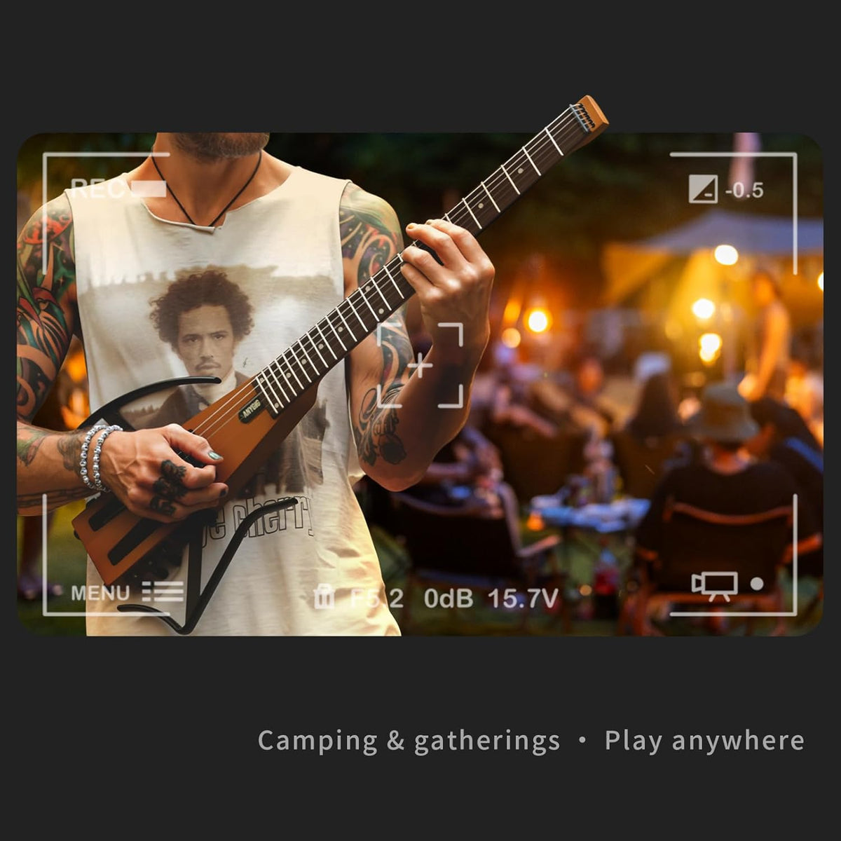 Anygig Reis-elektrische gitaar, ultralicht headless-design met 64 cm palissander-toets, compacte solidbody-oefengitaar met afneembare arm- en beensteunen, zwart