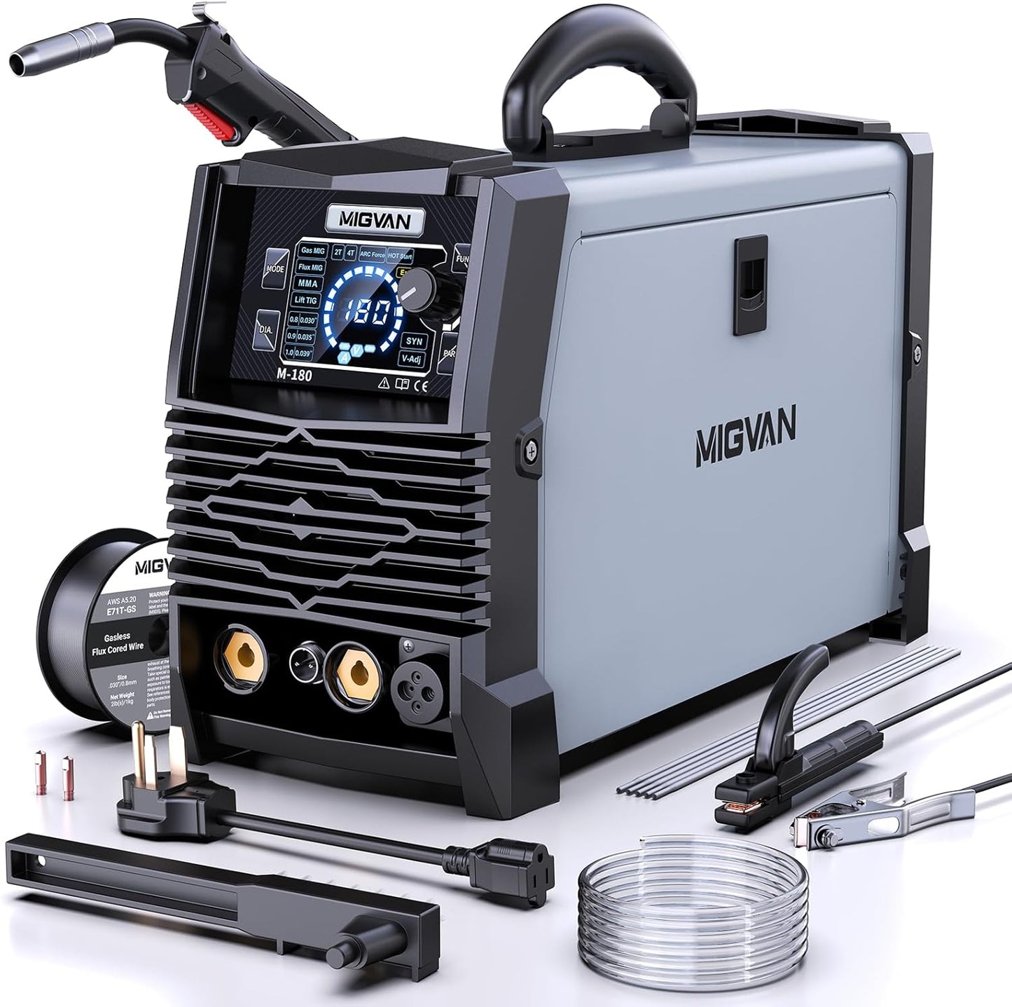 Lasapparaat MIG/MAG 180A IGBT inverter beschermingsgasapparaat, 5-in-1 flux, CO2/MAG, MMA, Lift-TIG, Spoolgun, 230 V, 60% ED, licht en draagbaar, met 2T/4T-synergie voor doe-het-zelf en