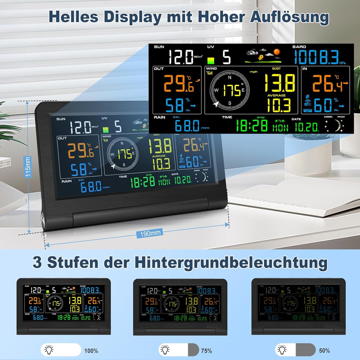Urageuxy 14-in-1 weerstation wifi, weerstation met regenmeter, windmeter, binnen- en buitenthermometer, hygrometer, luchtdruk, uv-index, weersvoorspelling, maanfasen, voor huis en tuin