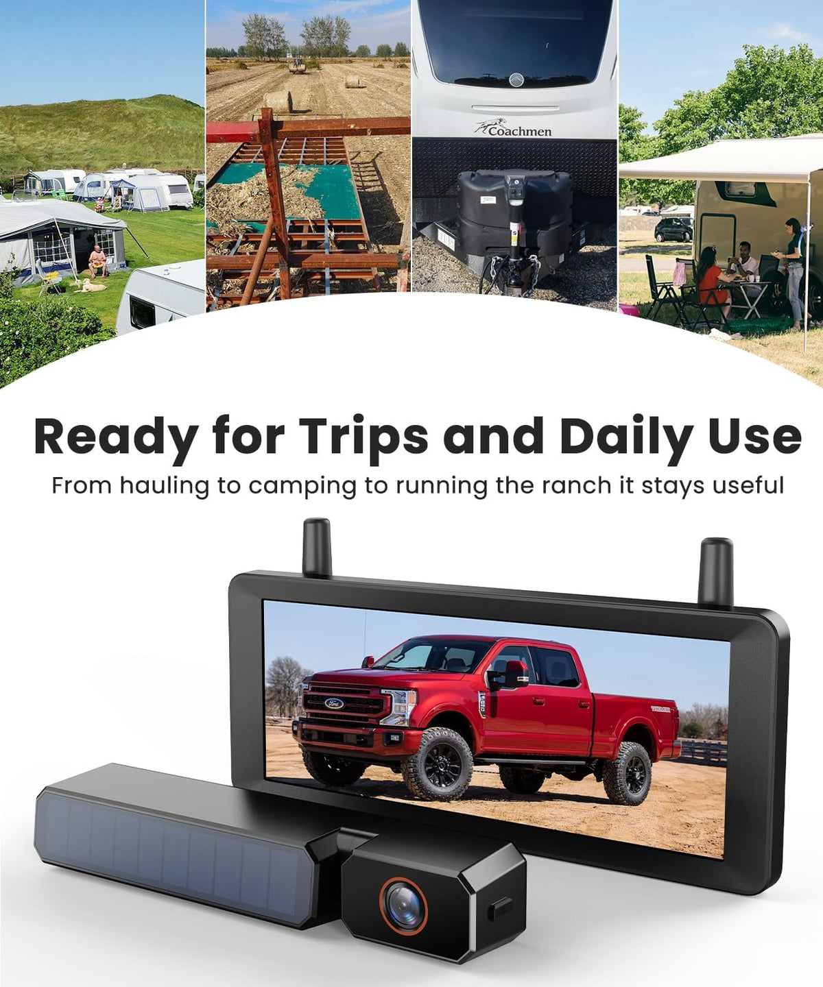 Draadloze achteruitrijcamera op zonne-energie: 2 minuten installatie 7,2 inch 1080p HD-monitor met DVR-opname, dubbele antenne, stabiel beeld, IP69K waterdicht, voor auto, vrachtwagen, caravan, camper