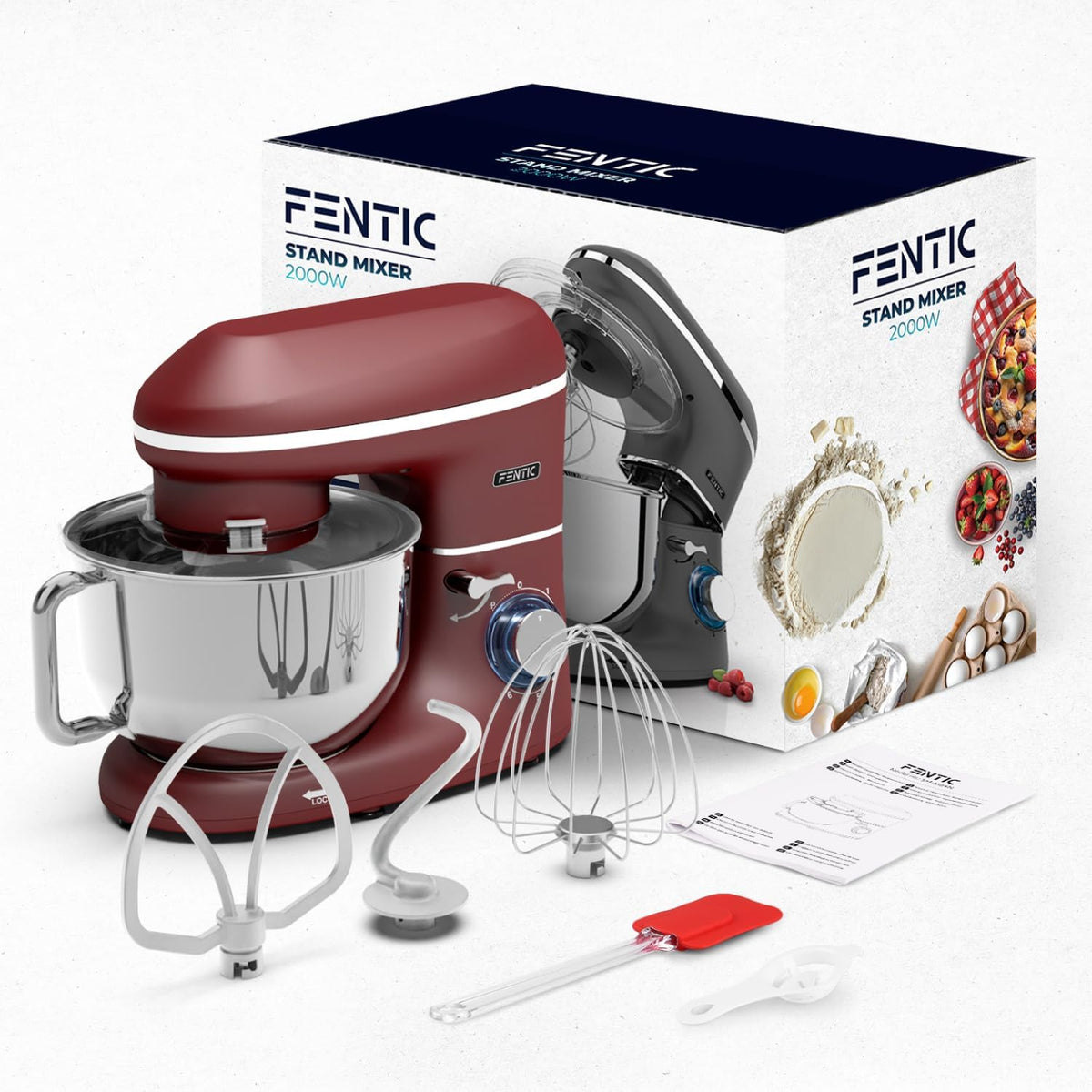 Keukenmachine - 2000W - RVS Mengkom (6,2 L) - Keukenrobot - Mixer met Garde, Deeghaak en Menghaak - Incl. extra Accessoires – Rood