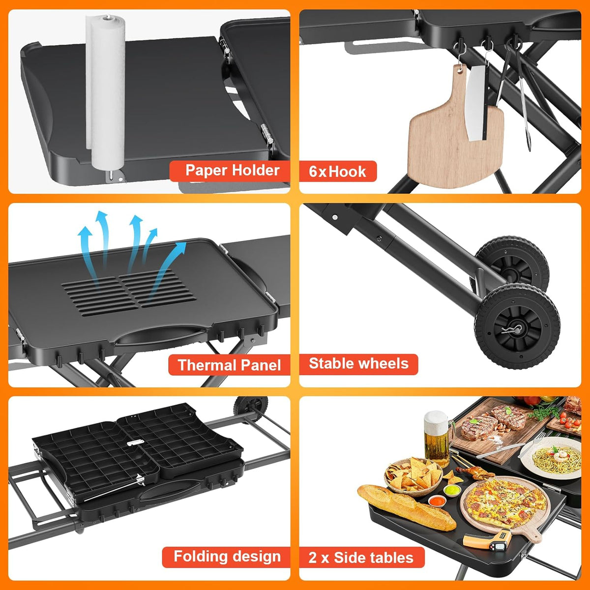 GFTIME Draagbare grillwagen voor Weber, Ninja, Ooni, Blackstone, Nexgrill, Traeger en de meeste draagbare barbecues en pizzaovens, outdoor grillwagen met wielen, zijtafels en houder voor papieren