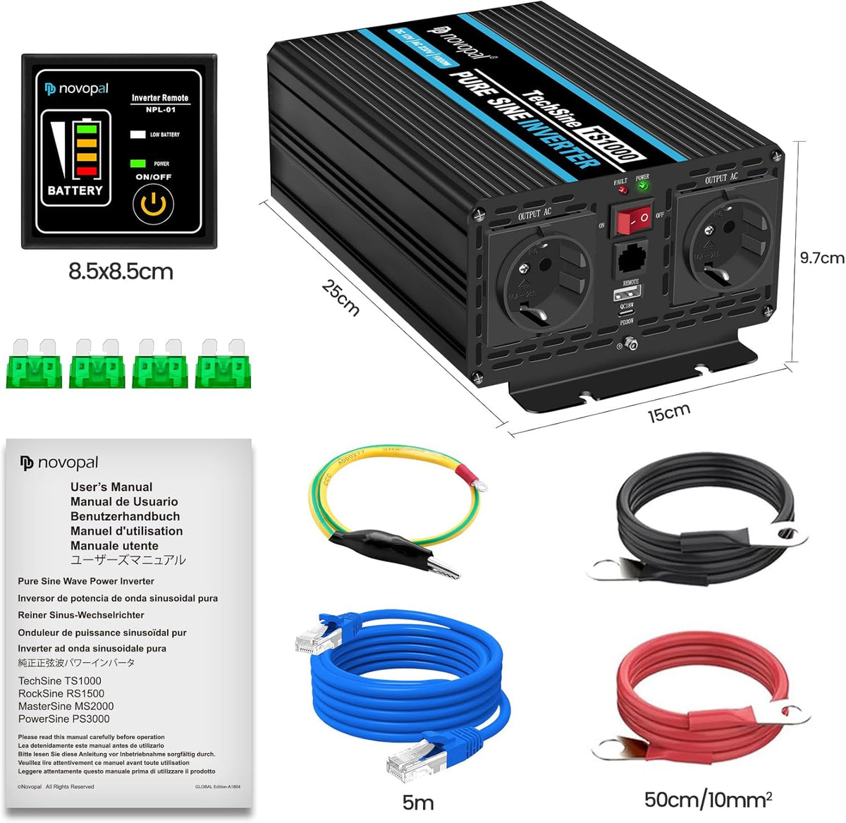 Spanningsomvormer 12V Naar 230V 1000W – Omvormer – Auto Omvormer – Spanningsconverter – Pure Sinus Omvormer – Zuivere Sinus – 2 EU-Stopcontacten En 2,1A USB