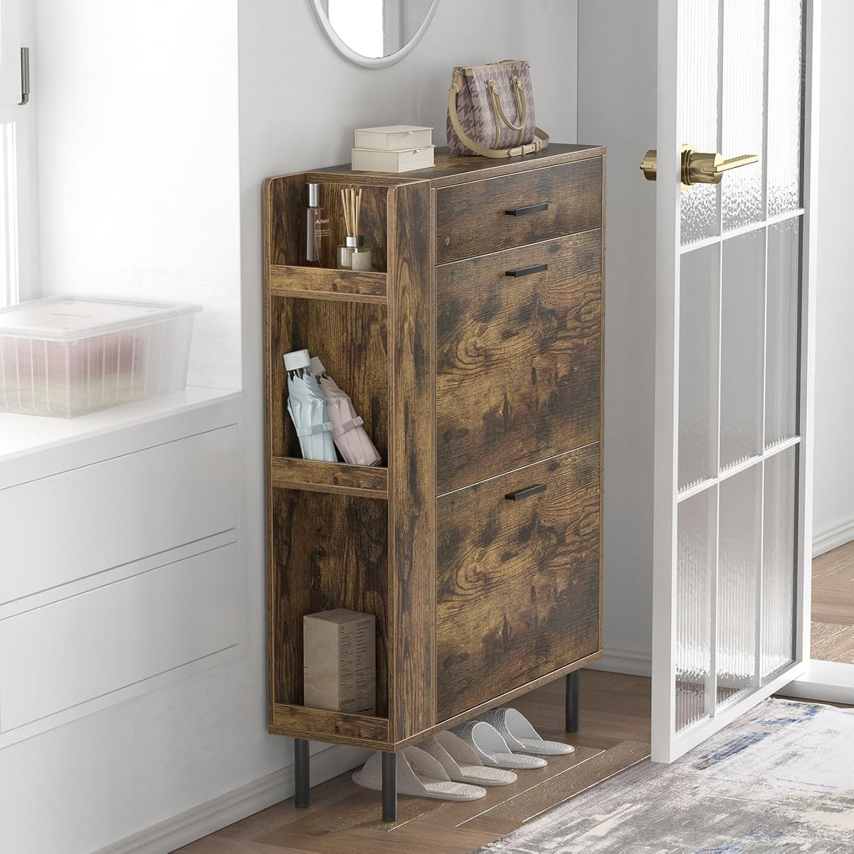 Schoenenkast – Schoenenrek – Schoenenopberger – Schoenenkastje – Schoenenschuiflade – 12-16 Paar - Smal Design – Rustiek Wit