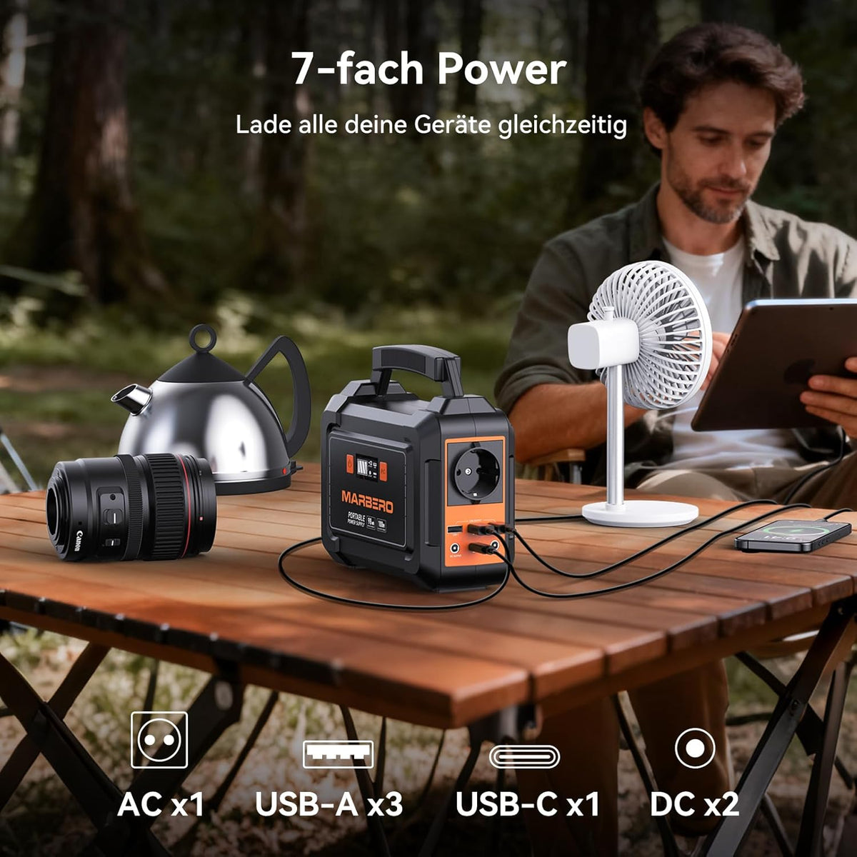 MARBERO Portable Power Station 98Wh met 30W opvouwbaar zonnepaneel, 150 W zonne-generator, outdoor batterij met DC-uitgangen voor camper, road trip, avontuur, camping, thuis, stroomuitval