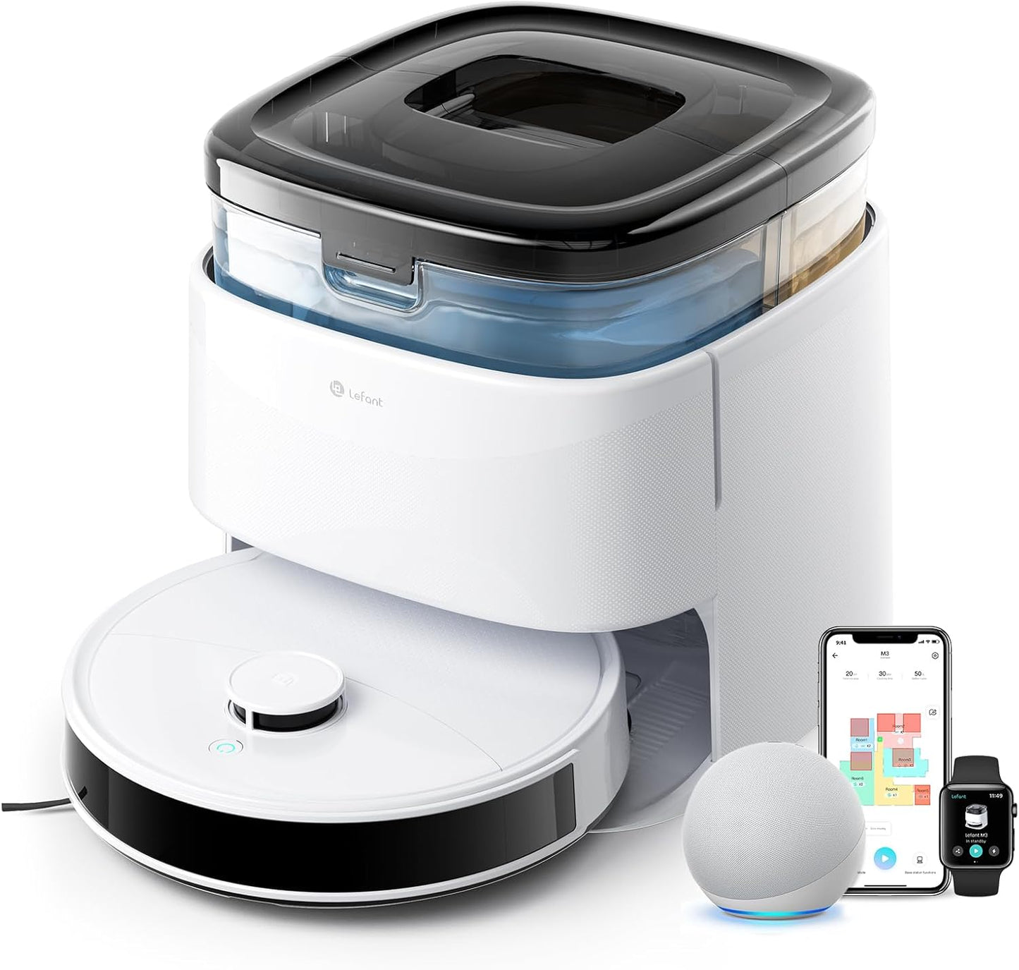 LEFANT M3 All-in-One Stofzuiger- en dweilrobot, 12.000 Pa, autowassen/drogen, zelflegend, 3,2 l, anti-lemmetborstels, dubbele mop, huisdierruimtes, app/Alexa/Apple Watch