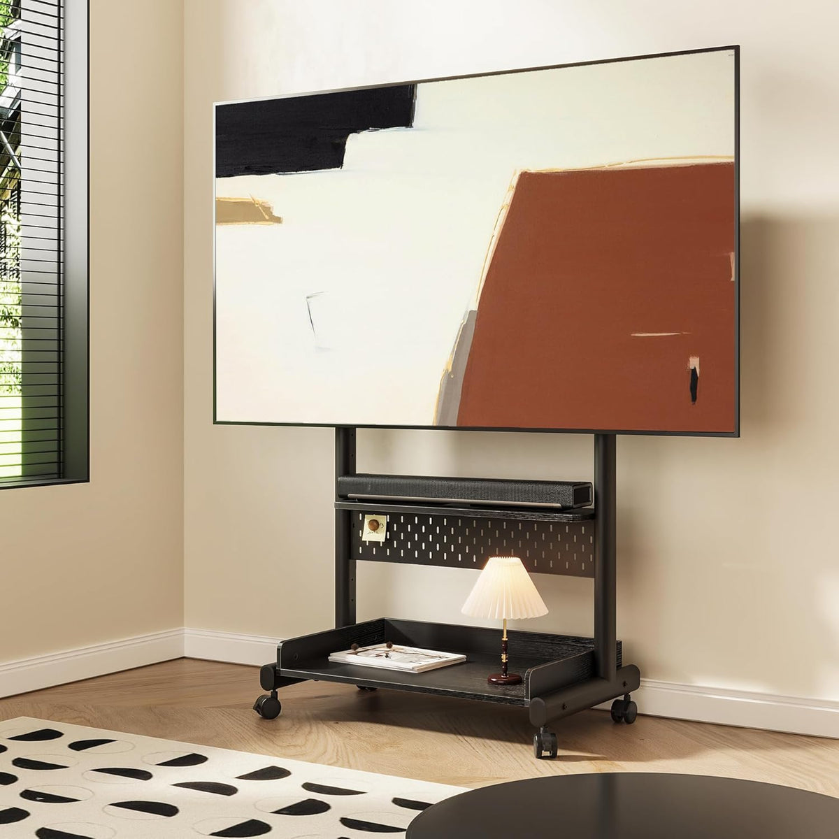Tv-vloerstandaard op wielen – Tv-standaard – Tv-kar – Tv-statief – Tv-trolley – In Hoogte Verstelbaar – Voor 40-85 Inch, Tot 60 Kg, Zwart