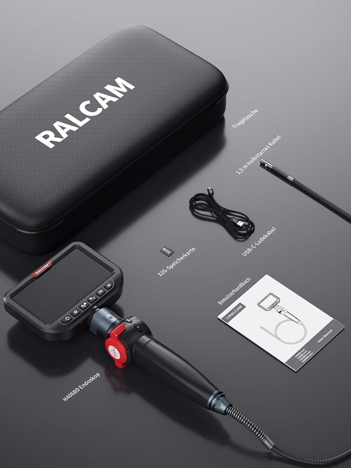 Ralcam Endoscoopcamera met licht, endoscoopcamera met 180° beweegbare kop, 6,5 mm dual-sonde, 5 inch HD-display, inspectiecamera, IP67 waterdicht, buiscamera met 1,5 m halfstijve kabel en 6 + 1 leds