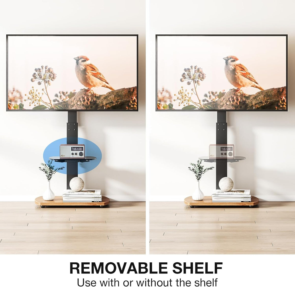 TTAP TV-standaard voor 32-65 inch tv's met eiken voet en enkel glazen plank/met draaibare en in hoogte verstelbare montagebeugel (OAK)