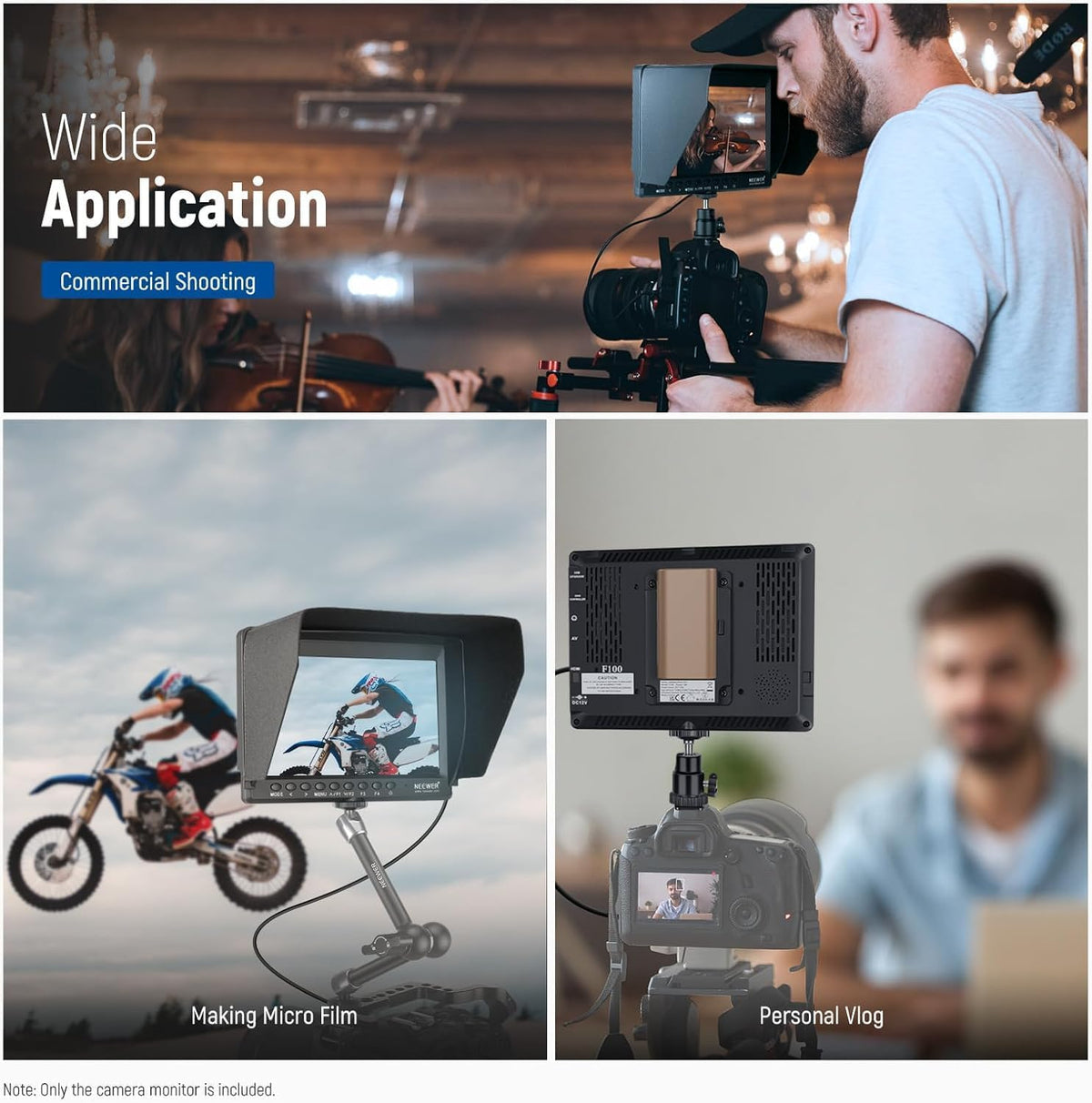 NEEWER F100 7 Inch Camera Field Monitor, 450nit HD Video Assist IPS 1280x800 HDMI 1080p met piekfocus/histogram/F750 batterij, 360° kogelkop voor DSLR's, Handheld Stabilisator, Film Video Making Rig