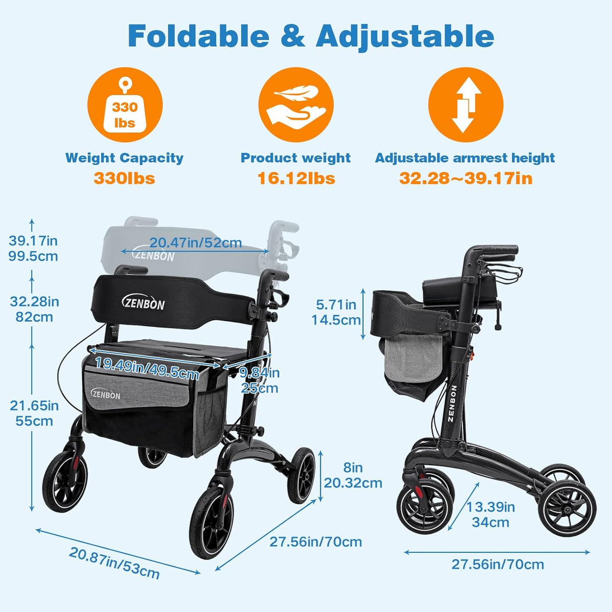 Rollator Opvouwbaar en Licht met Zitting: Rollator Carbon Gemakkelijk Inklapbaar voor kofferbak Reizen - Rollatoren voor senioren Lichtgewicht Smal voor Thuis Binnen Buiten (zwart)
