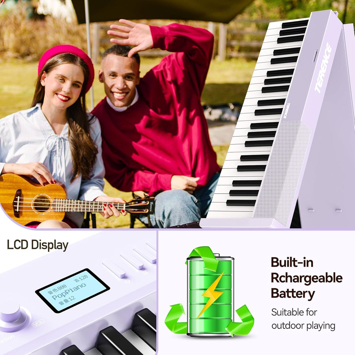 E-piano 88 toetsen – Keyboard Piano – Digitale Piano – Opvouwbare E-Piano – Elektrische Piano – Paars – Bluetooth en MIDI-ondersteuning – 1800 mAh Batterij