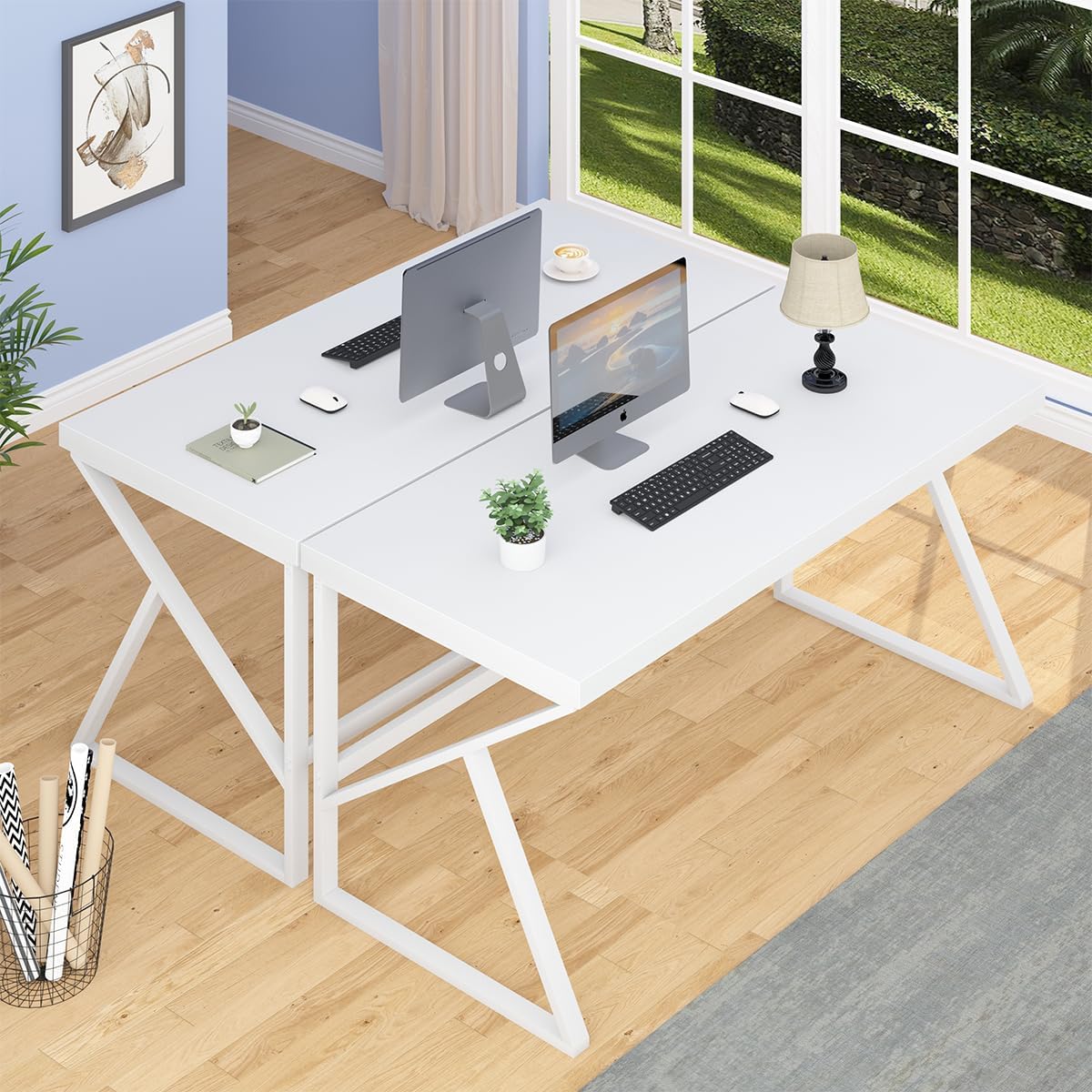 HSH Wit Bureau, Modern Home Office PC Laptop Bureau, Groot Industrieel Metalen Houten Bureau voor Executive Schrijven Werk Studie Gaming, Lange Student Computer Tafel voor Slaapkamer Woonkamer, Wit