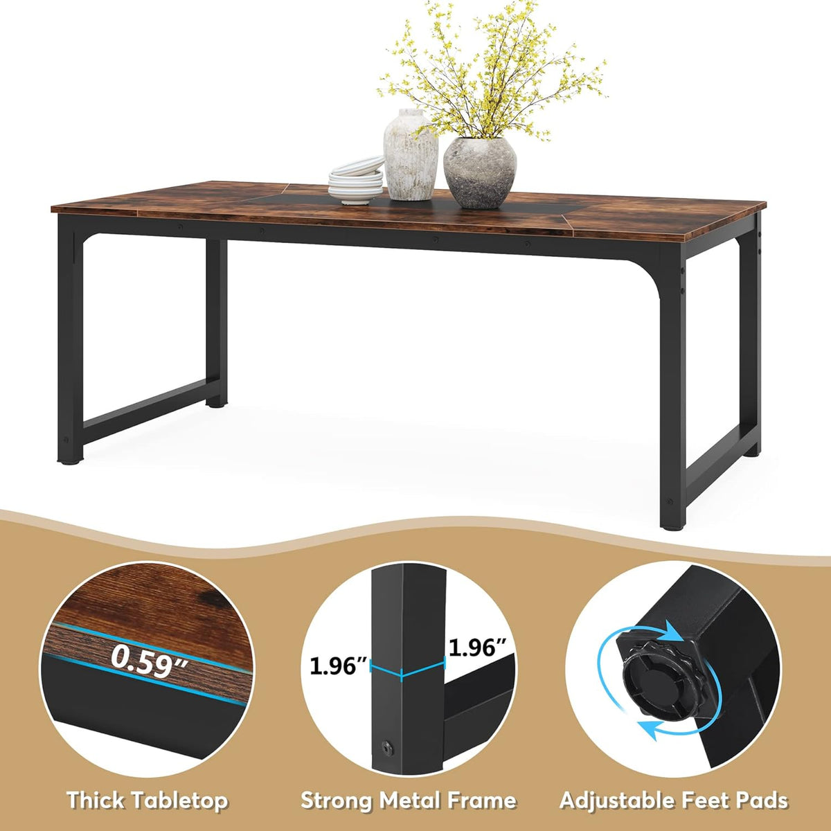 Tribesigns Dining Table, 180 x 90 x 77 cm, Industrial Kitchen Table for 6-8 People, Rectangular Dining Table for Dining Room, Kitchen, Living Room, with Robust Metal Legs, Rustic Brown