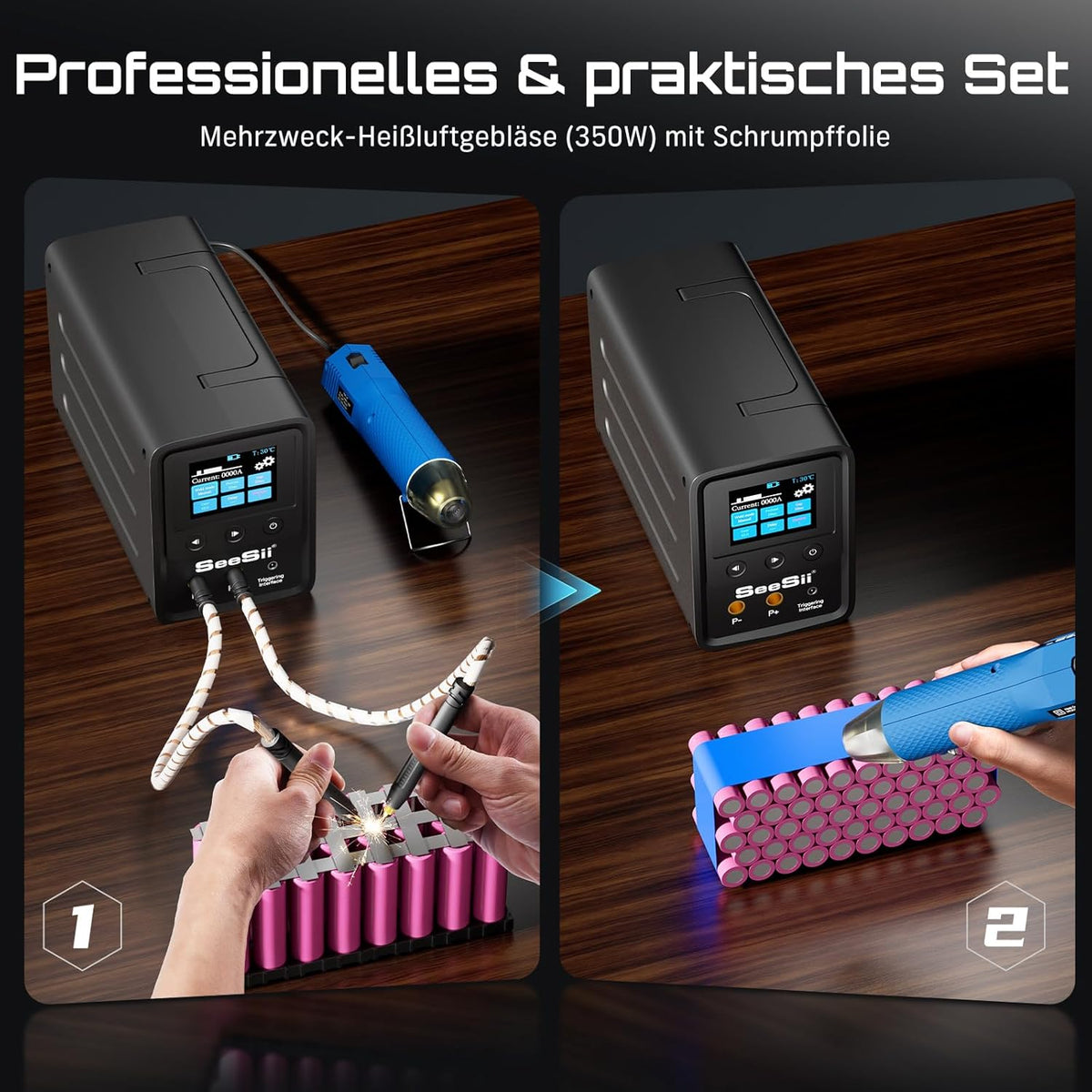 SEESII spot welder machine voor accu's met condensatoren: 10080W accu lasapparaat met heteluchtpistool-kit, spot welder voor 0,1-0,5 mm vernikkelde strips, 999 versnellingen voor 18650 lithium accu