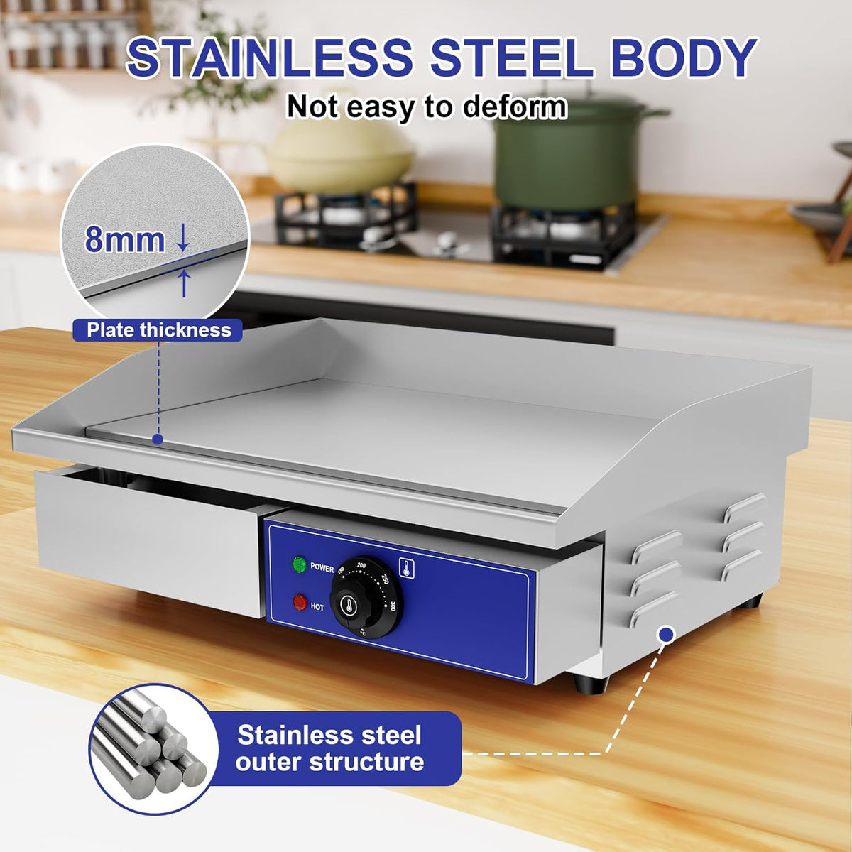 TAIMIKO Professionele elektrische grillplaat, 55 x 35,5 cm, gladde kookplaat, 2 kookzones, 3000 W, commercieel, BBQ-grillplaat, roestvrij staal, opzetbare grill met thermostaat en afneembare sapschaal