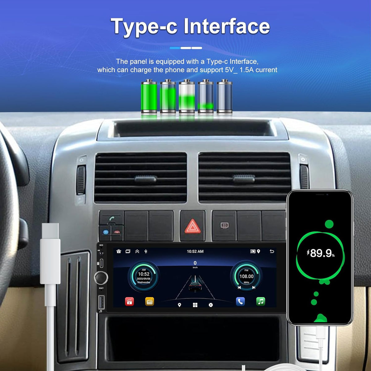 2+64GB Android 1 Din Autoradio Draadloze Carplay Android Auto, 6,9 Inch Touch Screen Display GPS Navi Radio met Bluetooth Mirror Link WiFi FM RDS USB Achteruitrijcamera