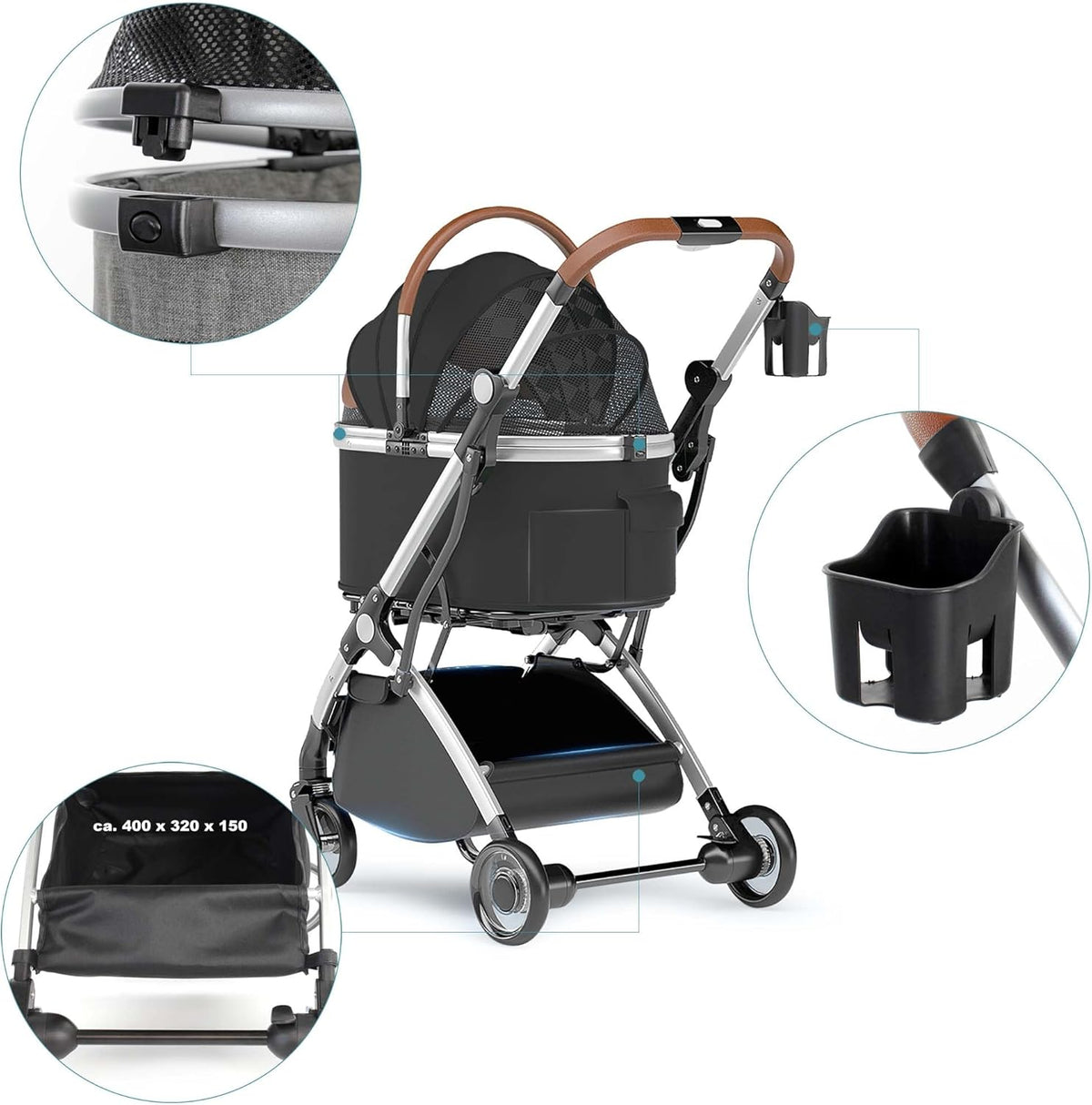 Fudajo hondenwagen 2-in-1 hondenbuggy inklapbaar zwart huisdierwagen honden met mand en plank