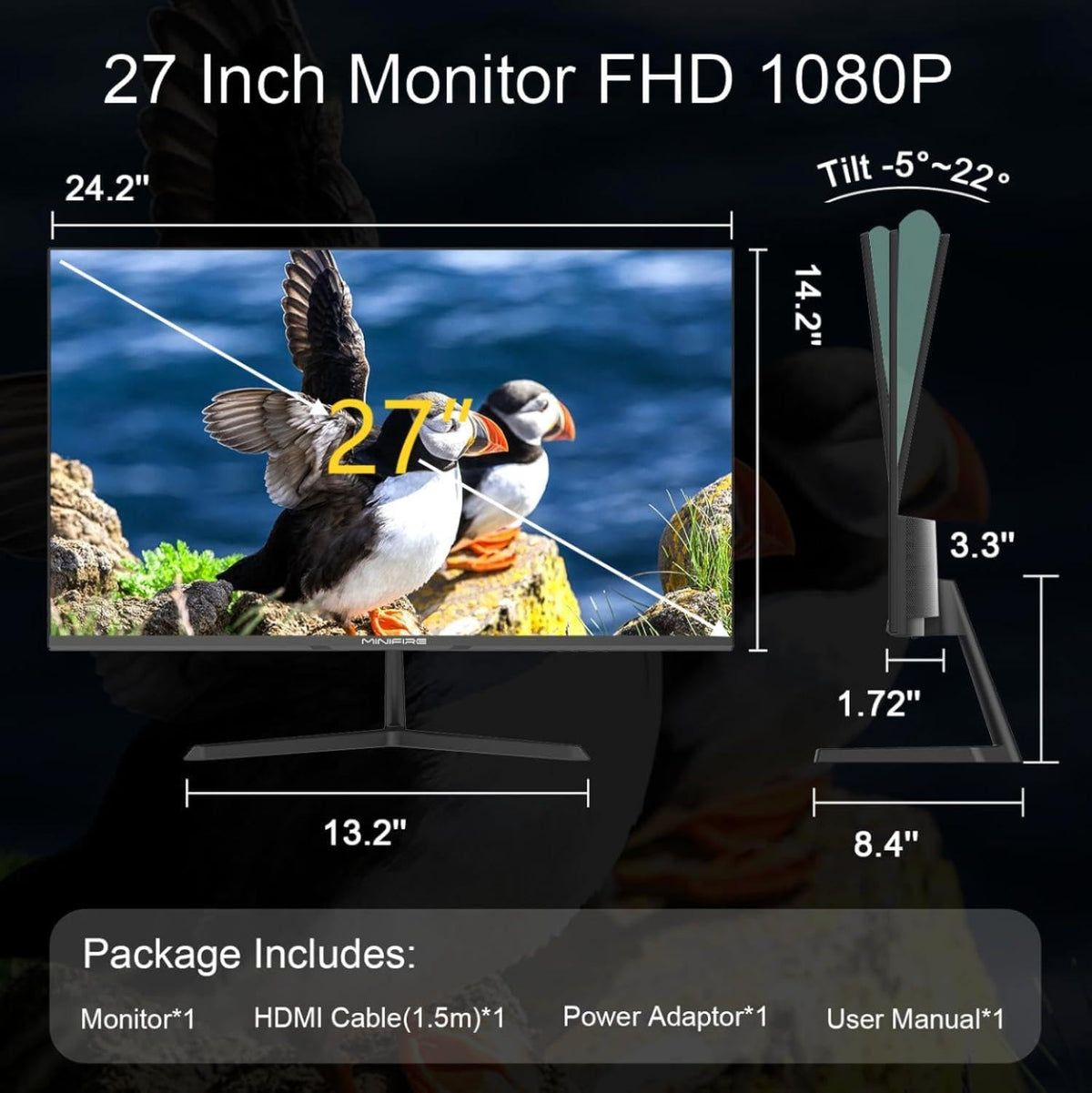 Minifire Monitor 27 inch PC Monitor, 100 Hz, FHD (1920 x 1080), sRGB 110%, HDMI 1.4, USB-C, Anti-Bluelight, VESA 100 x 100 mm (Type C Cable Included) - QUORE