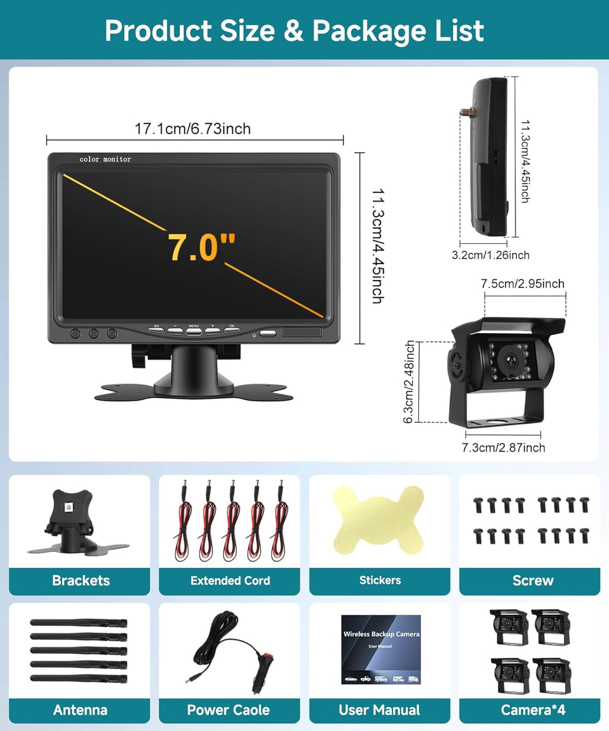 Podofo 4 x draadloze achteruitrijcamera met 7 inch monitor, IP68, groothoek-nachtzicht, AHD IPS-monitor, draadloze achteruitrijcamera's voor camper/vrachtwagen/BSD