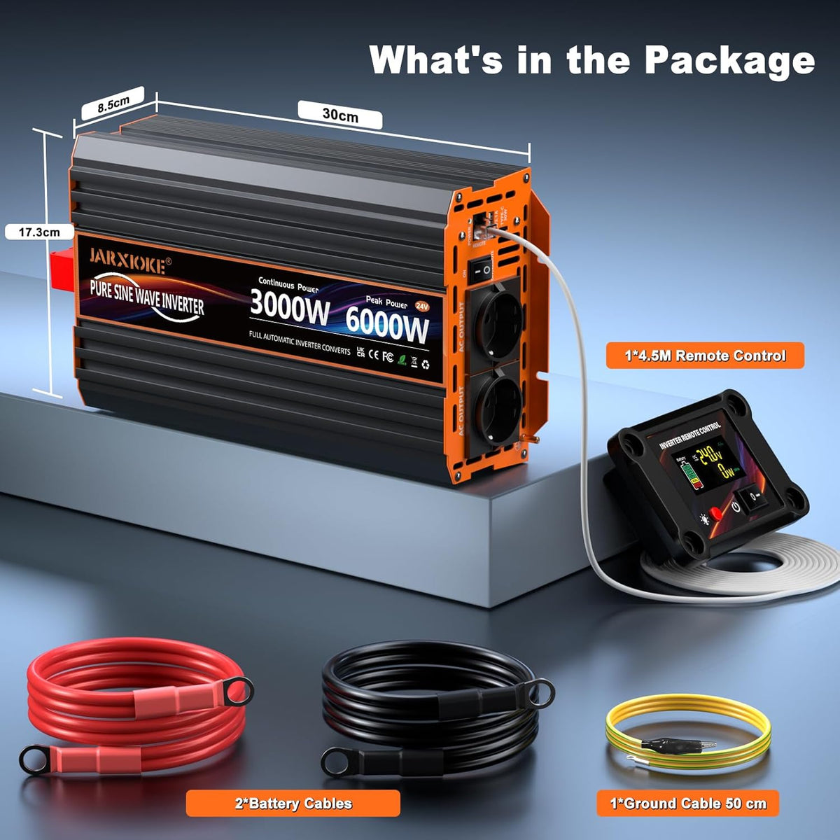 3000 W omvormer, 24 V naar 230 V, zuivere sinus, spanningsomvormer, omvormer met 2 EU-stopcontacten, 30 W USB-C, 5 V 3,1 A USB, lcd-afstandsbediening, voor caravans, vrachtwagens, zonne-energie
