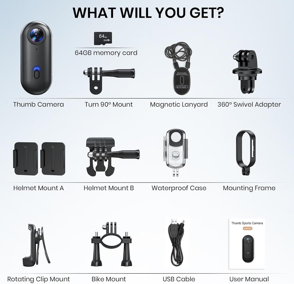 360° Actioncamera, mini POV draagbare bodycam, onderwatercamera 30m waterdicht, WiFi draagbare videorecorder 120° groothoek, 10+ accessoires