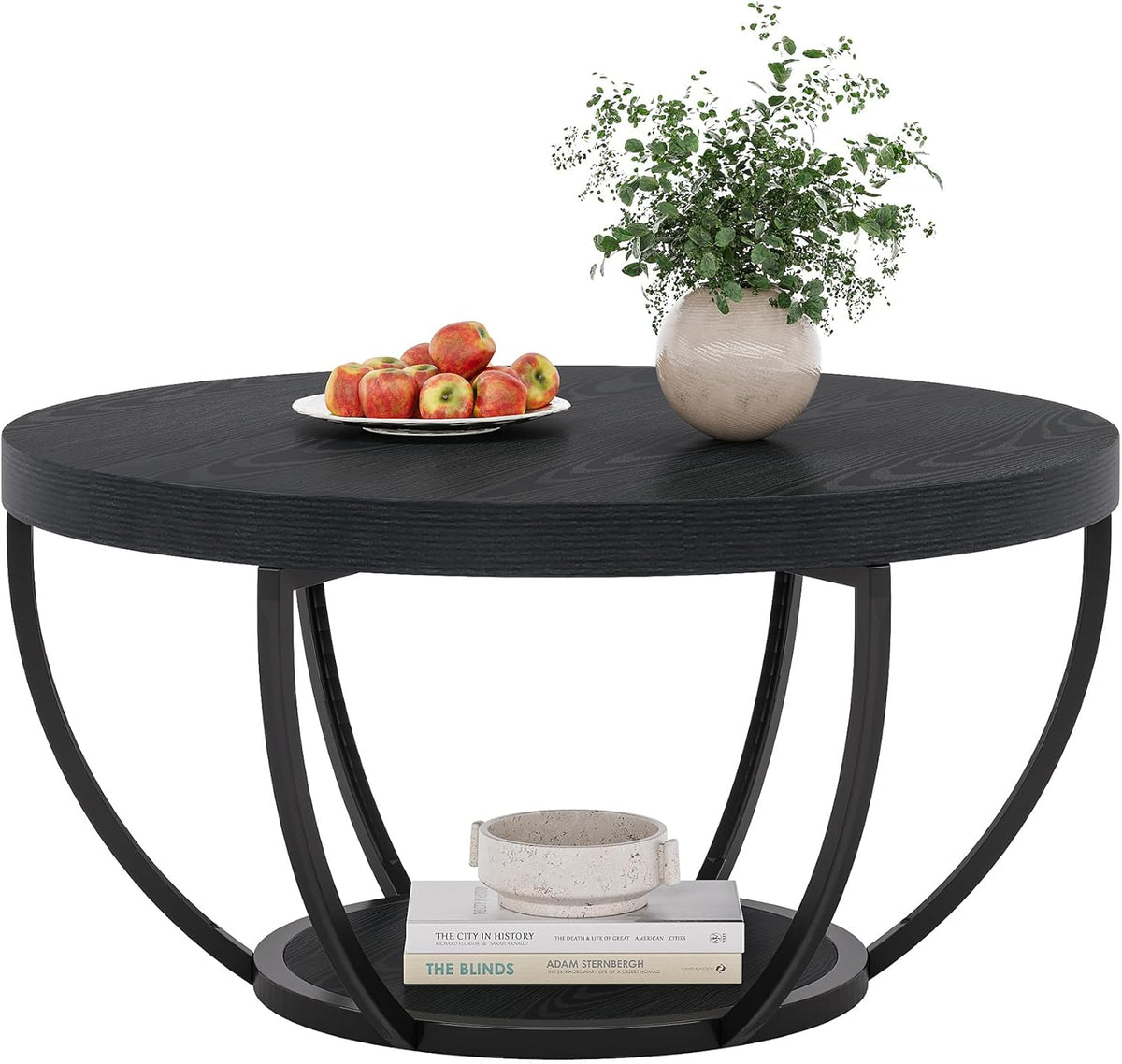 Tribesigns Black Round Coffee Table, 80.5cm Modern 2-Tier Circle Coffee Table with Storage Shelves, Accent Cocktail Table Center Table for Living Room