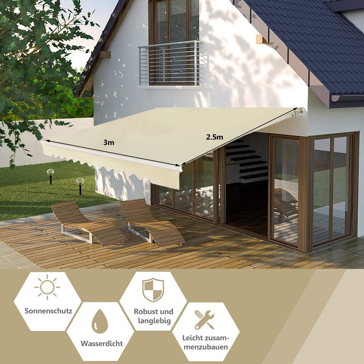 Uitschuifbare Zonwering Terras – Terrasluifel – Zonnescherm – Schaduwdoek – Balkonzonwering – 3 x 2,5 Meter – Verstelbare Hoek 40°-100° – Handmatige Slingerbediening