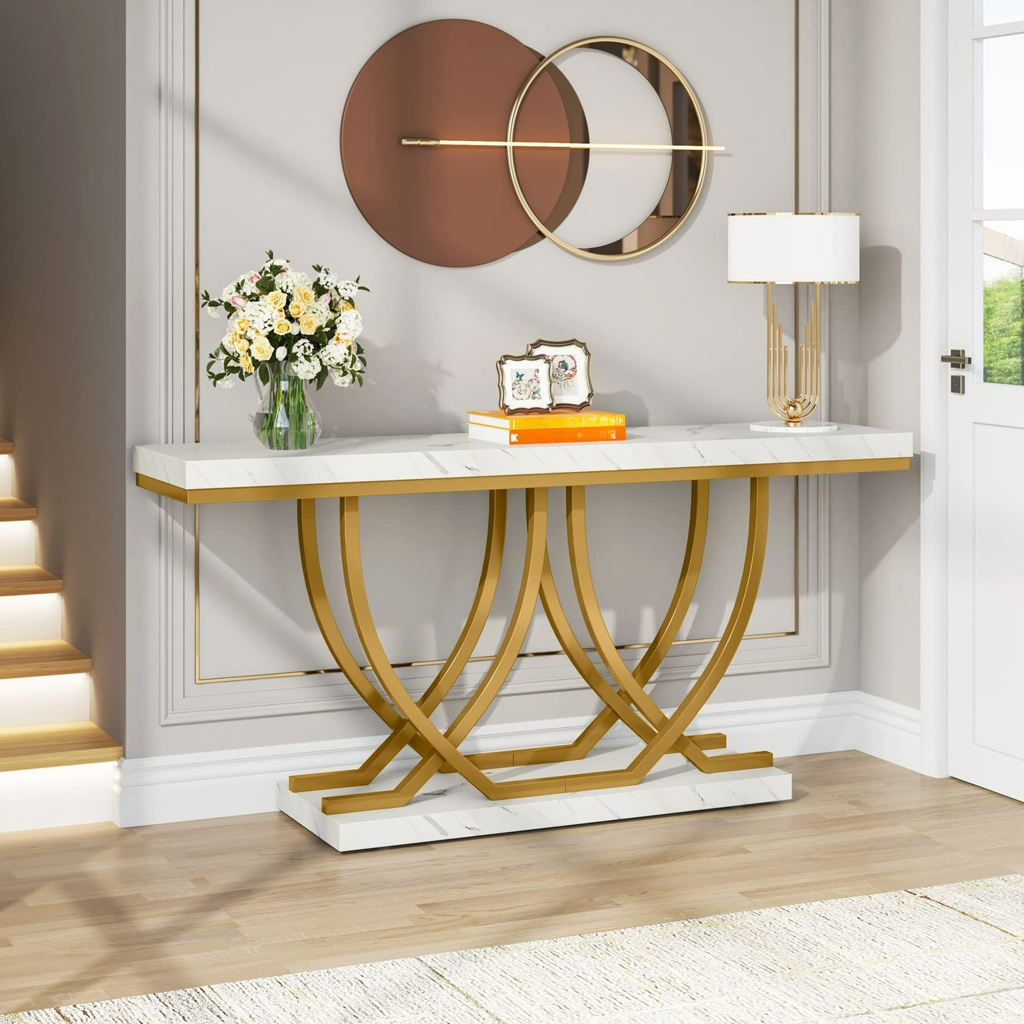 Moderne Sidetable – Console Tafel – Sofa Tafel – Haltafel – Wandtafel – Wit met Gouden Kunstmarmer – Slank 59 Inch