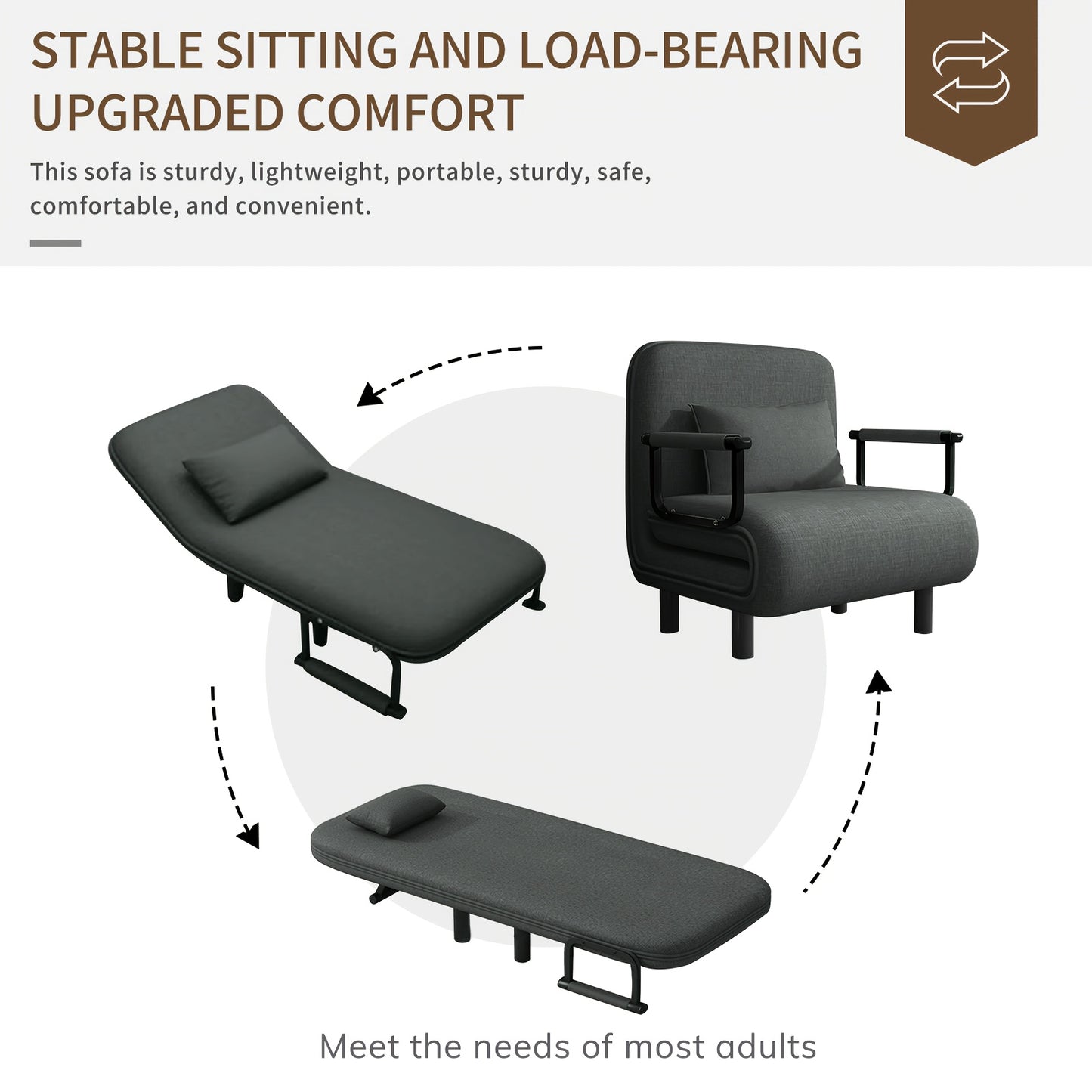 Verstelbare Fauteuil – Relaxstoel – Slaapzetel – Lounge Stoel – Eénpersoonsbank – 5-stand Rugleuning – Gouden Armleuningen – Comfortabele Kussens – Compact 60x68x85 cm – Grijs