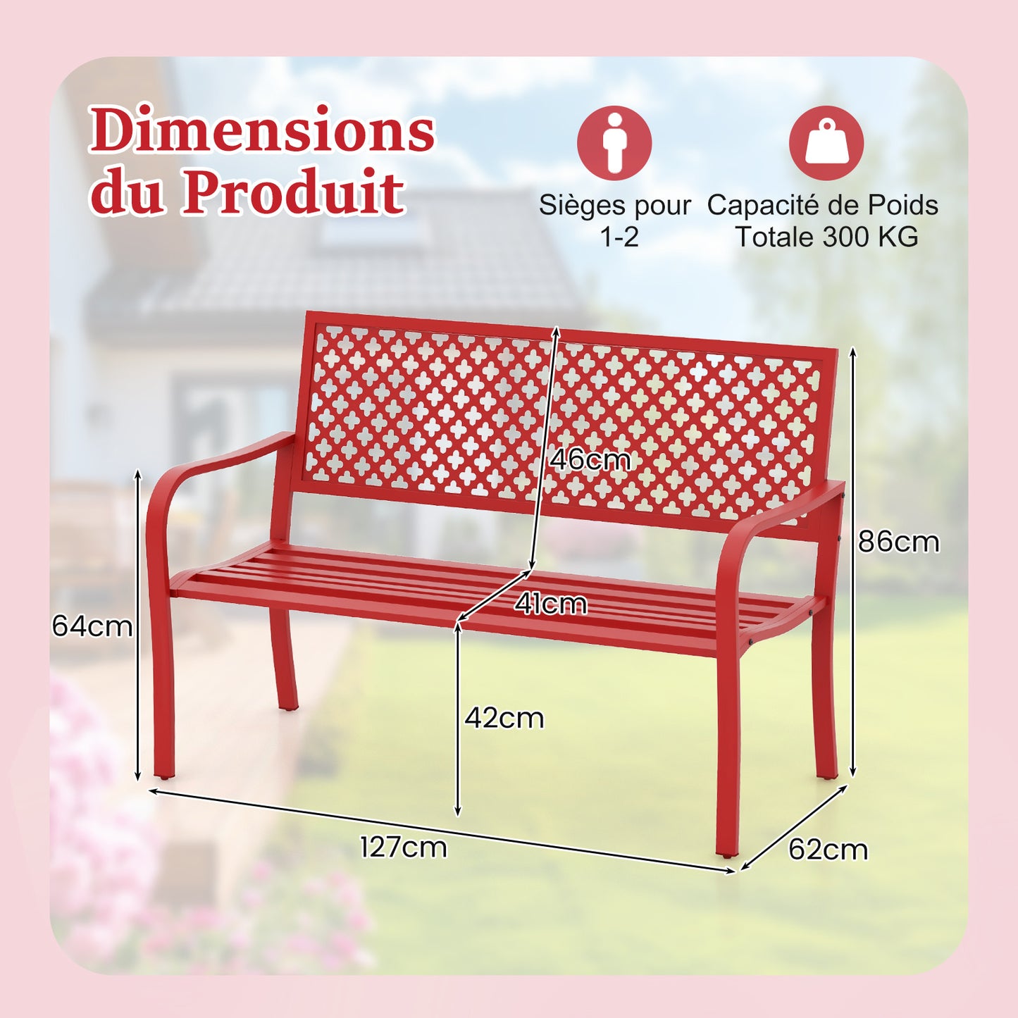 Tuinbank – Buitenbank – Tuinmeubel – Parkbank – Bankje – Metaal – 127 cm Lang – Rood – Slatted Zitting – Ergonomische Armleuningen