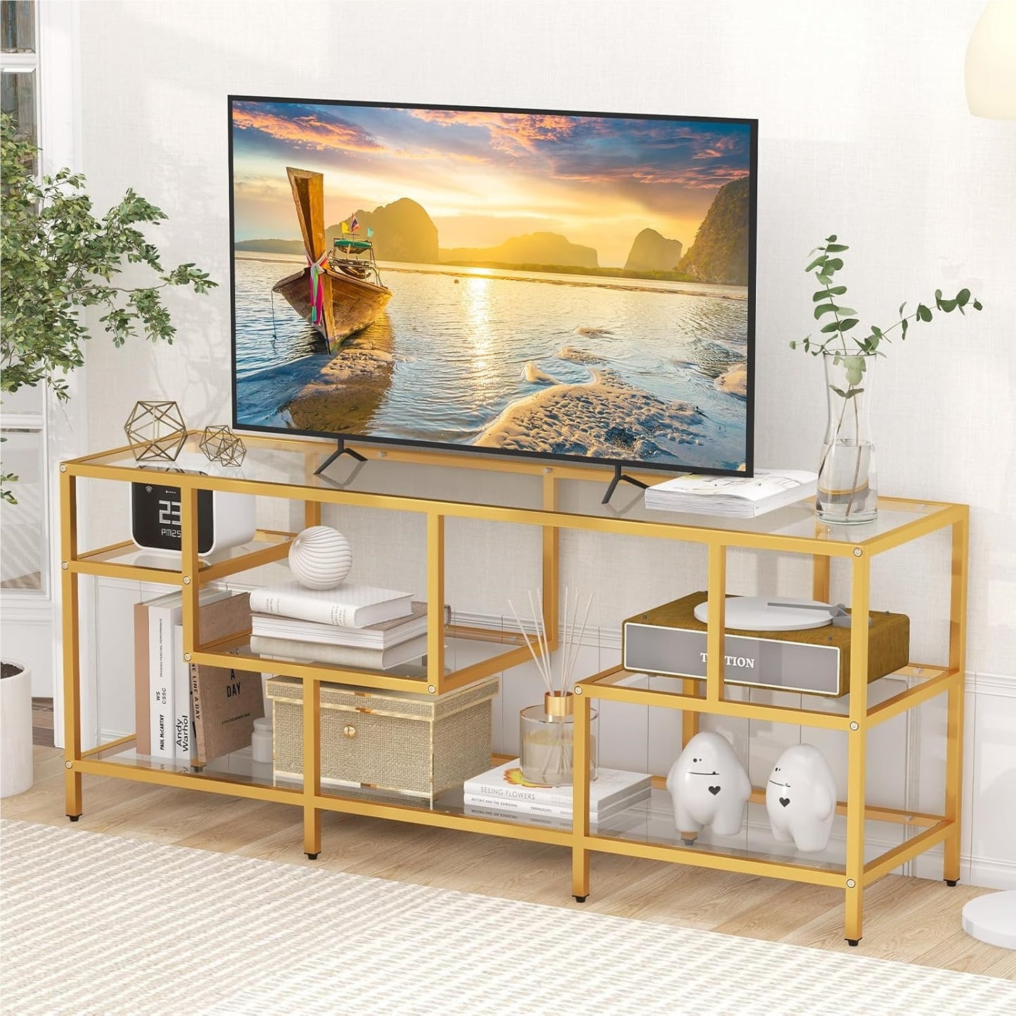 TV-meubel – TV-kast – Televisiemeubel – TV-standaard – Tv-dressoir – Met Gehard Glas – Stevige Metalen Constructie – Geschikt Voor TV’s Tot 65 Inch – Gouden Kleur – 147x40x62 cm