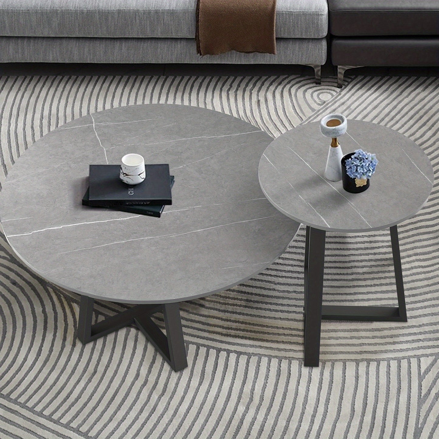 Bijzettafels – Salontafels – Side Tables – Tafeltjes – Nachtkastjes – Set Van 2 Ronde Tafels Zwart – Marmerlook Gesinterd Steen – Zwart Metaalframe
