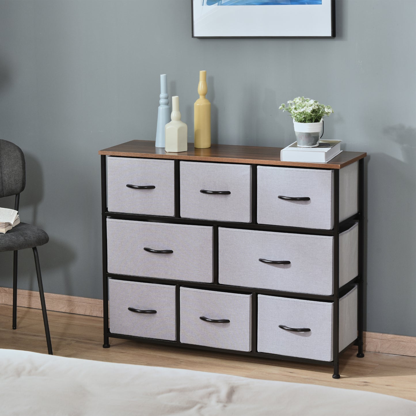 Opbergkast – Dressoir – Kast – Ladeblok – Stoffen Lades – Grijs – Compact Hoog Design – Metalen Frame & MDF Bovenblad
