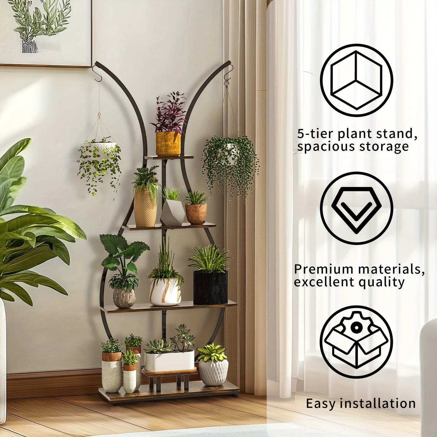 Vaasvormige Plantenstandaard – 5-Lagen Hoge Plantenplank met Metalen Frame en Haakjes – Indoor Plant Display voor Woonkamer, Balkon of Thuisdecoratie