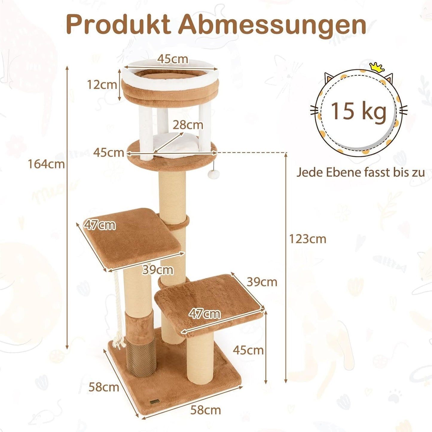 Kattenboom – Krabpaal – Klimmeubel – Kattenhuis – Kattenmeubel – 164 cm Hoog – Zacht Bekleed Met Sisaltouw