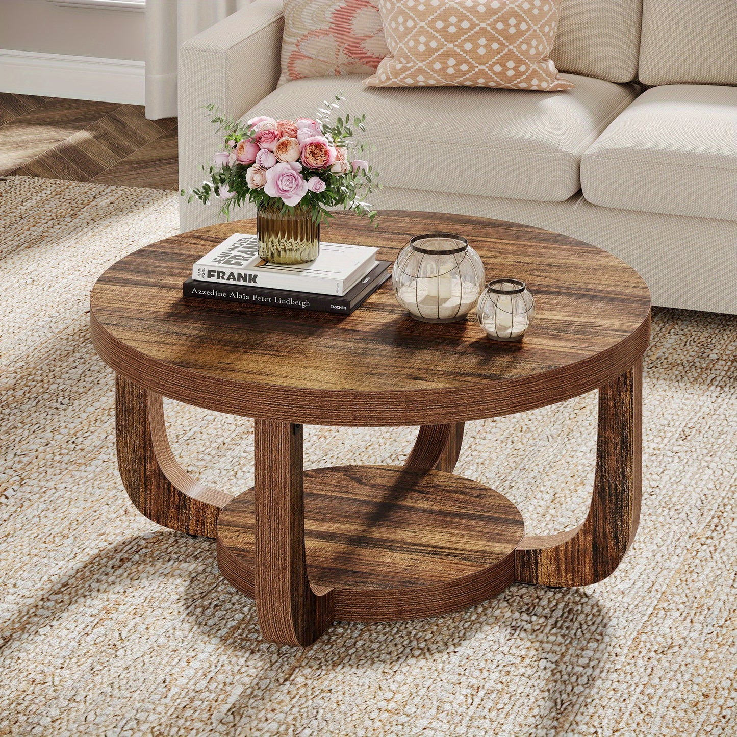 Ronde Salontafel – Moderne Koffietafel – Bijzettafel – Woonkamer Tafel – Opbergtafel – 2-Laags Ontwerp – Stevig Massief Hout