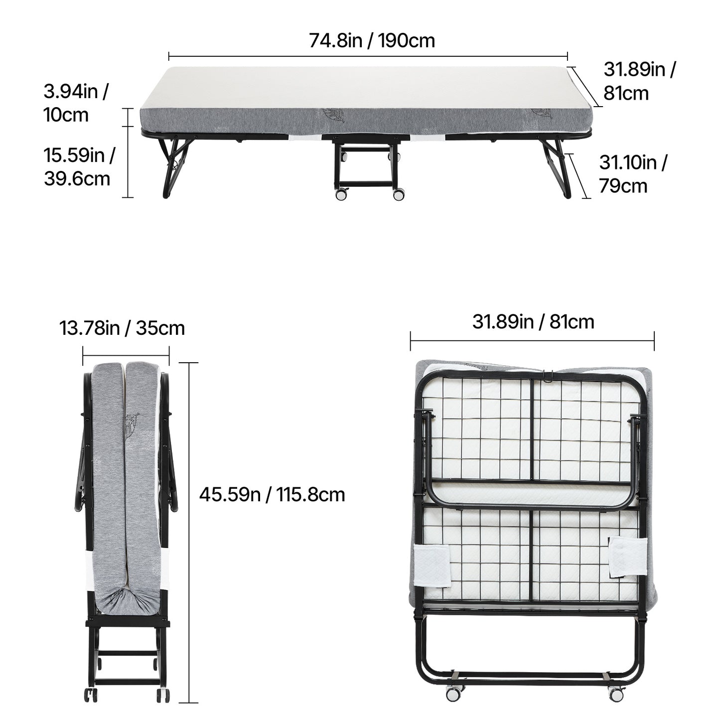 Inklapbaar Logeerbed – Vouwbed – Opklapbed – Campingbed – Gastbed – Comfortabel 4 cm Schuimmatras – Mobiel Met Wieltjes – Wit