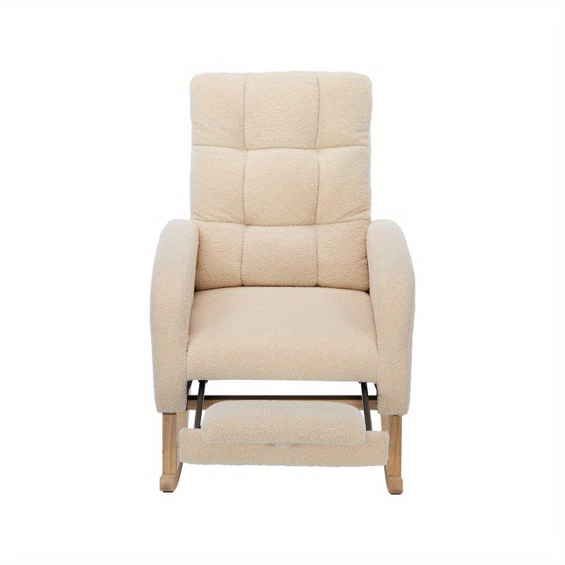 Schommelstoel – Relaxstoel – Fauteuil – Voedingsstoel – Loungestoel – Teddy Stof Bekleding – Stevig Houten Frame – 132x50x99 cm – Beige