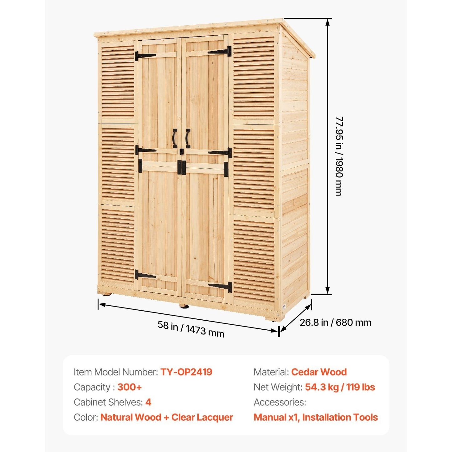 Houten Tuinkast – Buitenberging – Tuinberging – Tuinkast Opbergkast – Cederhout – Weerbestendig Dak – Grote Opbergruimte 147x198 cm