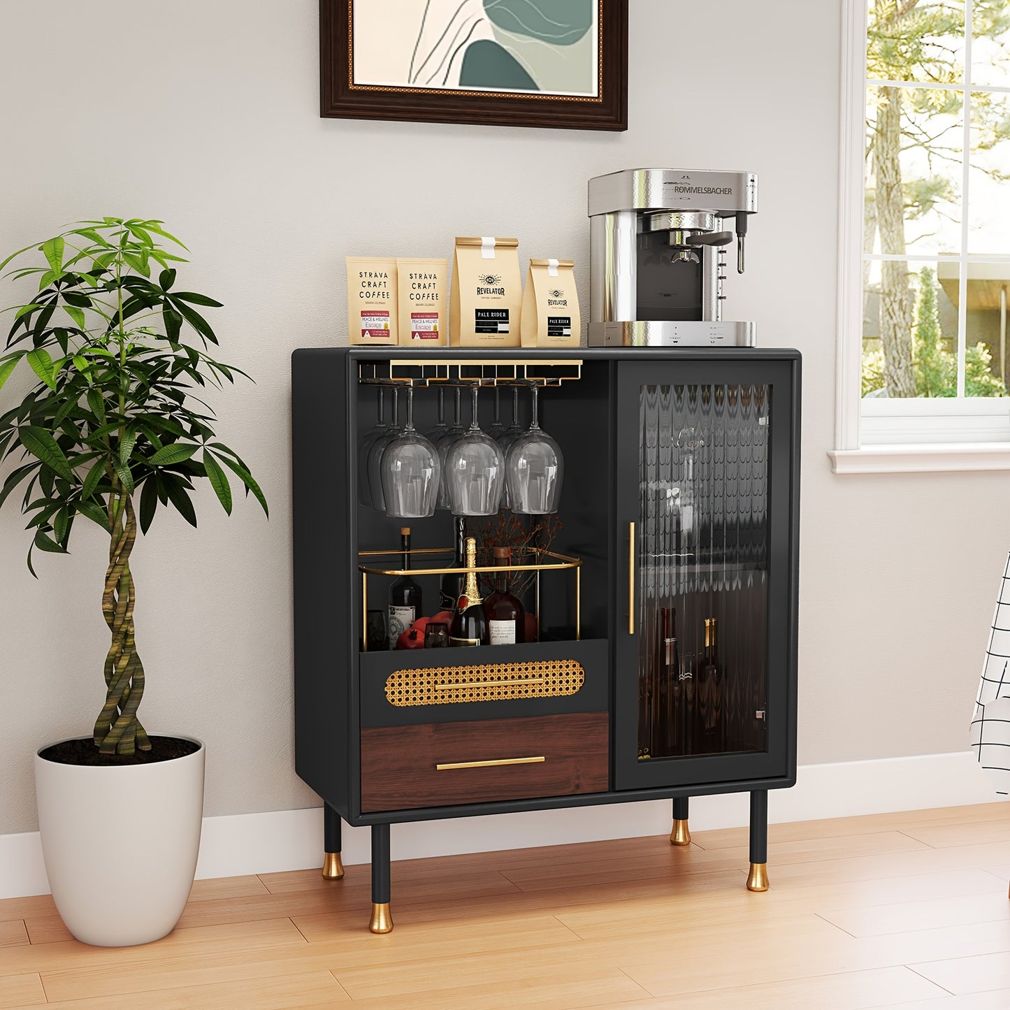 Wijnkastje – Wijnrek – Wijnmeubel – Glazenhouder – Opbergkast – Zwart – Compact Ontwerp – Hoogwaardig Hout - QUORE