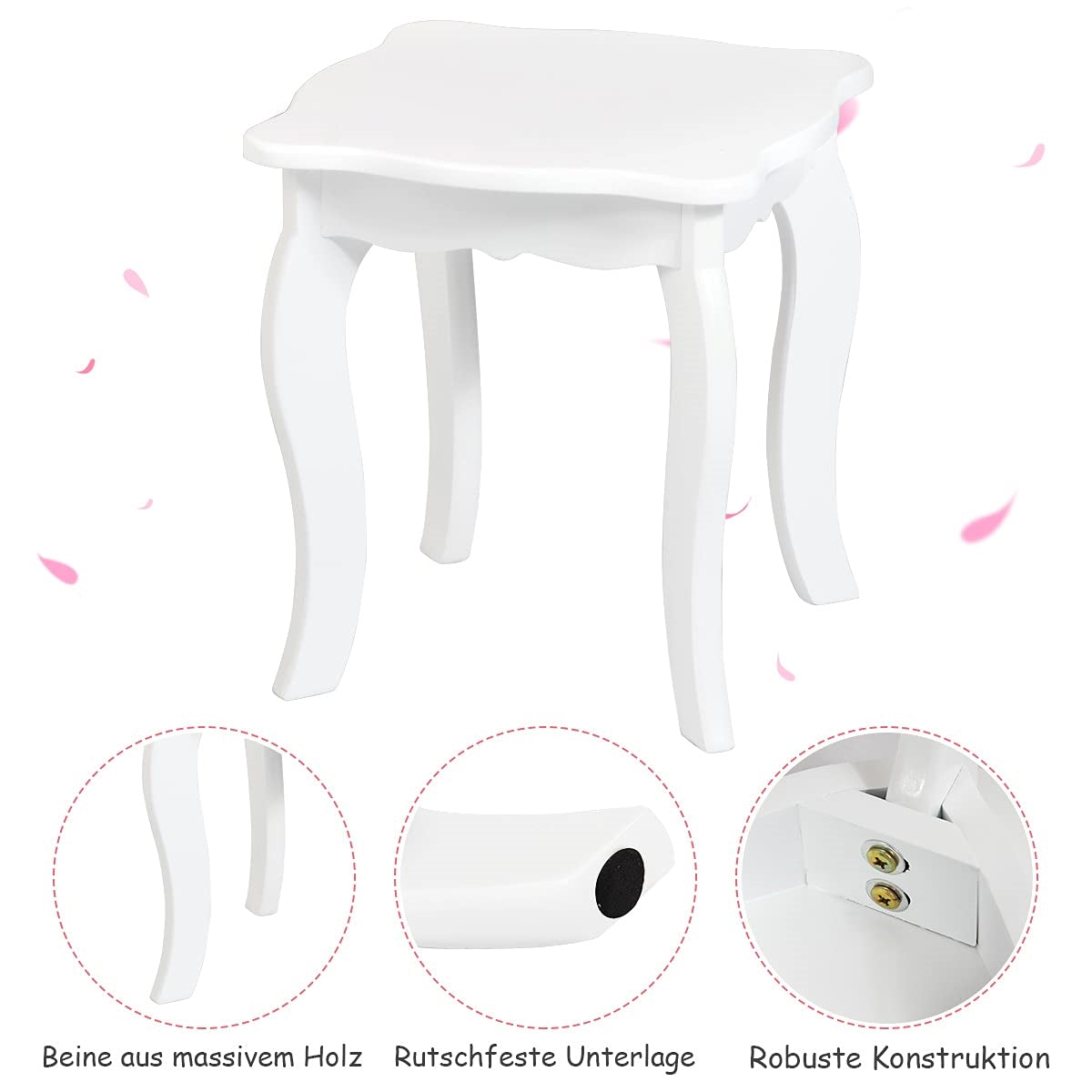 Makeup Tafeltje Kids – Make-up Tafel Kinderkaptafel – Speelmeubel Cosmetica – Prinsessen Kaptafel Meisjes – Triple Vouwspiegel – Inclusief Lade & Kruk – MDF Hout – Afneembare Spiegel