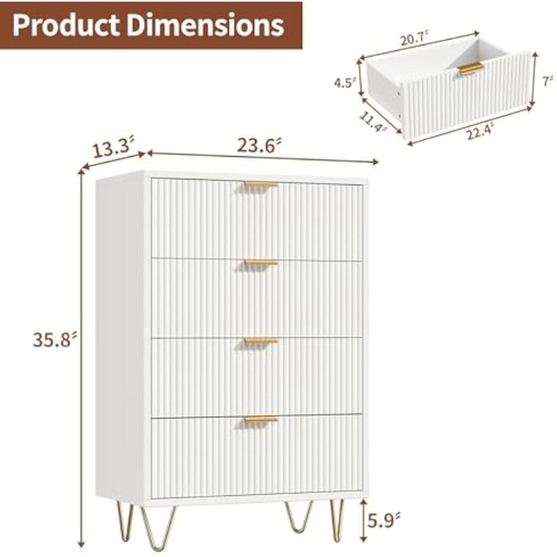 Commode – Ladekast – Dressoir – Opbergkast – Witte Commode – Modern Design – 4 Ruime Lades – MDF & Hardhout – Compact 60x33x90 cm